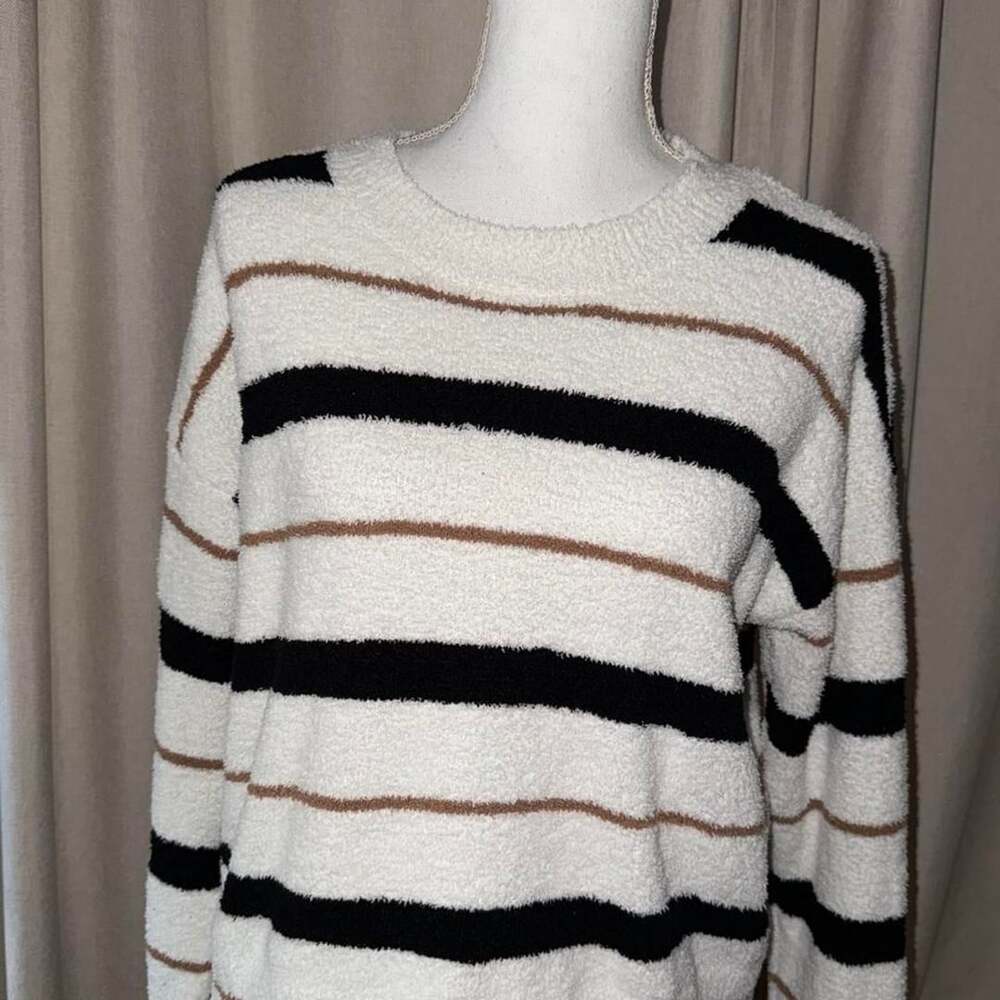Altar'd State Striped Fuzzy Sweater Size S Cream Black Tan Cozy Knit